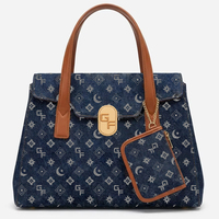 Sac à main structuré en jean lisse pour femme avec garniture en cuir, fermeture éclair, pochette amovible, ensemble de sacs à main deux pièces doux et imperméables