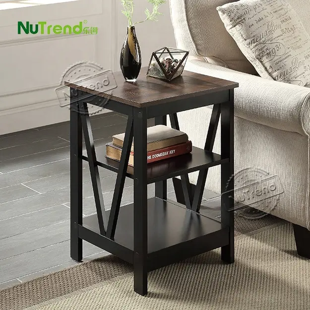 Industrial Walnut End Table with Storage Shelf Antique Black Wooden Bedroom Night Stand Living Room Small Sofa Side Table