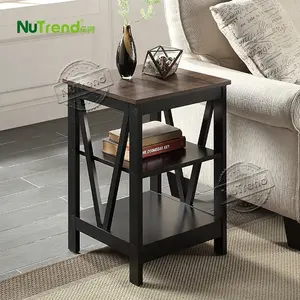 Table d'angle de canapé en noyer industriel, 1 pièce, avec étagère de rangement, ancien, noir, support de nuit pour chambre à coucher, salon, petite Table latérale de canapé