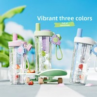 Bouteille d'eau Tritan mignonne de 700 ml avec paille et infuseur à fruits, sans BPA, anti-fuite, couvercle à clapet, sangle portable, écologique, pour usage extérieur