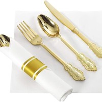 Ensemble de couverts jetables en plastique argenté et doré gaufré, couteau, fourchette, cuillère, serviette, pour fêtes, mariages, restaurants