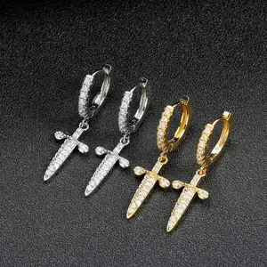 Fashion Earrings Hip Hop Luxury Icy Gold Plated Diamond Drop Earrings Iced Zirconia Sword Cross Earrings For Men Jewelry