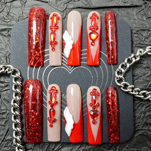 Uñas postizas de acrílico de lujo hechas a mano a precio de fábrica, estilo Y2K con diamantes de imitación rojos, forma ataúd, cobertura completa 3D, puntas francesas, reutilizables. - Product Image 2
