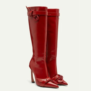 Women's Top Knot Belt Knee High Boots Pointed Toe Metal Buckles Long Booties Stiletto <b>Hook</b> Shape Heels Stage <b>Shoes</b> - Product Image 5