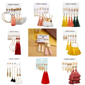 New Bohemian Fashion Jewelry 6 Pairs Earrings Set Tassel Long Layered Dangle Fringe Hoop Drop Stud Earring Set for Women