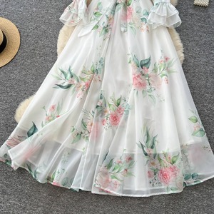 Robe longue romantique française pour femme, à col en V, manches longues, taille nouée, imprimé floral, respirante, coupe trapèze, garantie qualité - Product Image 6
