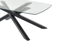 Table à manger moderne minimaliste de luxe avec plateau en verre trempé transparent, base en acier noir enduit de poudre, pieds en métal en forme de X