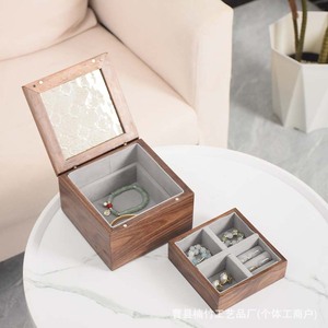 Walnut Wood Jewelry Box Double Layer Compartmentalized Storage With <b>Mirror</b> For Necklace Earring Organization - Product Image 1
