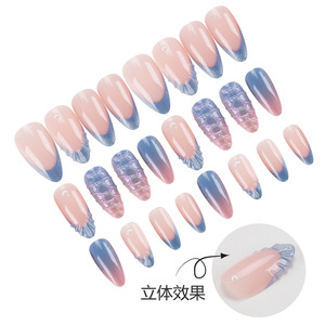 Uñas Postizas de 24 Piezas, Color Rosa y Azul Degradado, con Perlas 3D en Relieve, Diseño de Ondas, Estilo Francés, con Herramientas - Product Image 4