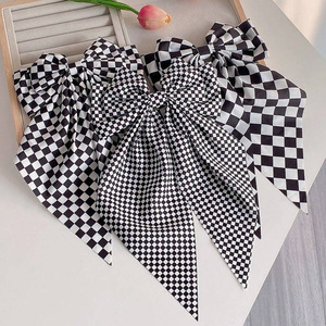 Jepit Rambut Panjang Wanita Warna Putih Hitam Motif Kotak-kotak Bahan Kain & Logam dengan Pita - Product Image 6