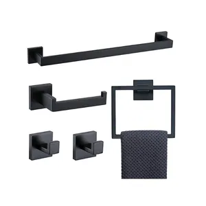 ODM Bathroom Adhesive Towel Bar Set Nail Free 304 Stainless Steel Paper Towel Holder Single Hook Black Five Piece Set