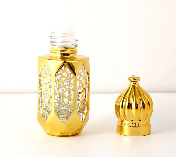 Electroplated octagonal essential oil dispense bottle 3 6 ml travel empty glass perfume roll on perfume oud oil bottle