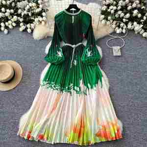 Vestido Maxi Plisado con Cuello Redondo para Mujer, Ecológico, Transpirable, Tejido, Drapeado, con Manga Linterna, Estampado, con Cuentas, Casual, Lavable - Product Image 2