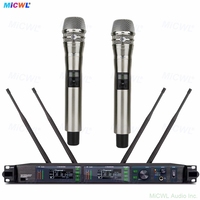 Système de microphone sans fil numérique UHF ULXD4-LED 200 canaux avec deux micros portatifs KSM9 argentés et KSM8 longue portée cryptés pour la scène