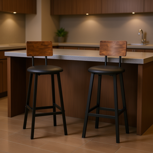 Ensemble de 2 tabourets de bar modernes, base en métal noir, dossier en bois, coussin épais, mobilier commercial, chaise d'îlot de cuisine pour hôtel - Product Image 2