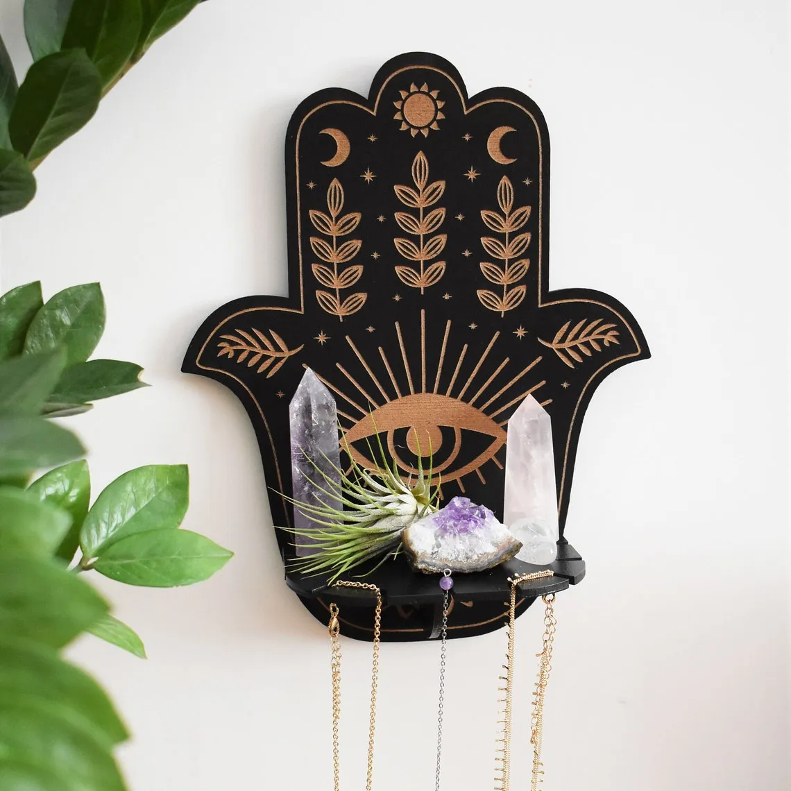 Hamsa Hand Floral Altar shelf with Pendulum and Necklace stand Crystal Display Shelf