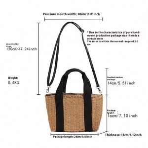Girls Woven Handmade Paper Straw Beach Bag Zipper Closure Holiday Style <b>Shoulder</b> <b>Strap</b> Hand Bag Tote Bag - Product Image 2