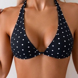 Black Polka Dot 2 Piece <b>Set</b> Halter Neck <b>Bikini</b> Swimsuit for Women Eco-Friendly Stretch Fabric Beachwear - Product Image 2