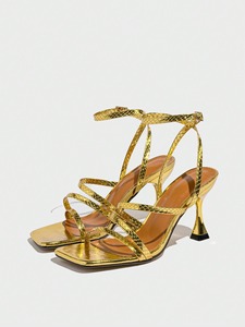 Sandales à talons hauts pour femmes, imprimé peau de serpent doré, à bride unique et bride cheville, avec talon plaqué et bout carré, Sandalias Para Mujer - Product Image 6