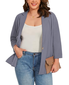 LADI TREND Damen 3/4-Ärmel <span class=keywords><strong>Blazer</strong></span> mit Reverskragen, Sommer, Übergröße, Grau, Leichter Spandex/Polyester, Business Casual, Bankett-<span class=keywords><strong>Blazer</strong></span> - Product Image 2