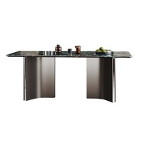 Table à manger en marbre vert foncé avec pieds en métal sculptés, table rectangulaire moderne en pierre pour 6 personnes pour salle à manger