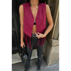 Gilet en daim bordeaux à franges avec logo brodé vintage et tissu tissé, vêtement d'extérieur court pour costumes, tricoté - Product Image 4