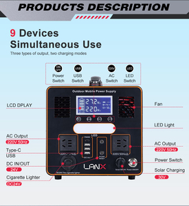 1000W Outdoor <b>Generator</b> US EU Plug Pure Sine Wave <b>Solar</b> Lifepo4 Battery Portable Power Station with <b>Solar</b> Panel LED Lamp - Product Image 2