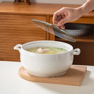 Marmite de cuisine en porcelaine texturée de bonne qualité, 2,5 L, grande soupière à relief, pot à soupe en céramique à double anse avec couvercle en verre - Product Image 5