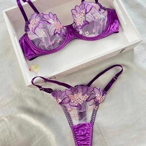 Ensemble de lingerie sexy en dentelle brodée deux pièces pour femmes, soutien-gorge push-up fin pour gros seins, contrôle léger, lingerie violette - Product Image 2