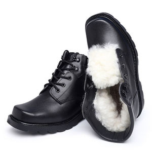 Botas de nieve de invierno para hombre, forradas de lana gruesa, de cuero vacuno, tacón medio, zapatos de exterior, color sólido, con cordones delanteros - Product Image 1