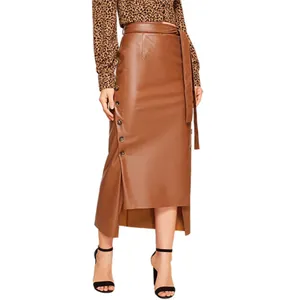 スタイリッシュな茶色のエレガントなセクシーな包帯Puレザーレディースファッションソリッドサイドボタンクラブボディコンドレスミディラップニットスカート
