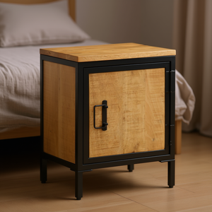 Comodino Piccolo in Legno di Mango con Struttura in Ferro, Mobiletto da Comodino Robusto, Arredamento Moderno Industriale per Camera da Letto - Product Image 2