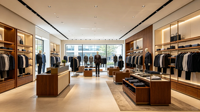 Présentoir Commercial de Luxe pour Vêtements, Cadre Doré, Bois MDF Noyer, Présentoir Complet pour Magasin de Vêtements pour Hommes