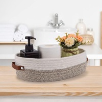 Panier de rangement ovale en corde de coton tressée pour salle de bain avec poignées en cuir, organiseur multi-usages pour articles de toilette