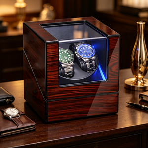 Remontoir de montre en bois pour 2 montres, boîte de rangement rotative éclairée par LED, vitrine anti-poussière pour montres mécaniques - Product Image 6