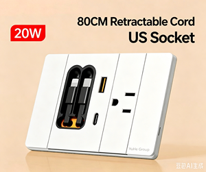 YuHe Group 80CM Retractable Cord US Socket 1 USB-<b>C</b> 1 USB-A 20W Modern Wall Outlet - Product Image 2