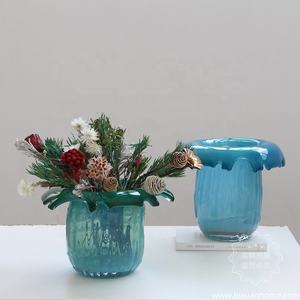 BIXUAN <span class=keywords><strong>boca</strong></span> soplada jarrón de cristal hecho a mano Borde de goteo fundido grueso arte pesado centro de mesa decoración moderna verde azulado humo gris jarrones - Product Image 4