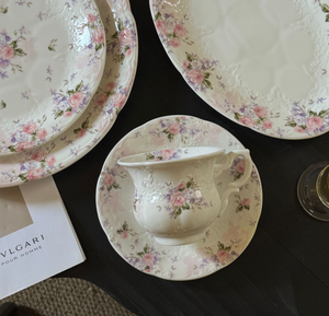 Service de table en céramique rose vintage à motif floral en relief, assiettes, tasses et soucoupes élégantes en porcelaine pour mariage, restaurant, vente en gros - Product Image 6