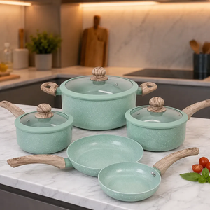 Ensemble de 8 ustensiles de cuisine en céramique antiadhésifs avec poignées en bois, couvercles en verre et silicone, pour cuisinières à gaz et à induction, design moderne - Product Image 3