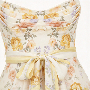 Abito Midi Floreale Giallo <span class=keywords><strong>da</strong></span> Donna con Spalline Sottili, Busto Drappeggiato e Cintura Annodabile, Modello A-Line, Ideale per Invitate a Matrimoni, Personalizzabile con MOQ Ridotto - Product Image 4