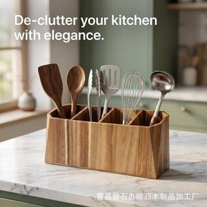 Wooden Tableware <b>Storage</b> <b>Box</b> Rectangle Compartmentalized Desktop Organizer For <b>Kitchen</b> Utensils And Miscellaneous Items - Product Image 3