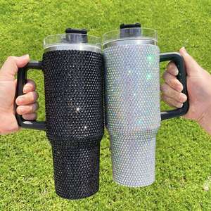Vaso de acero inoxidable de 40 oz con diamantes de imitación brillantes, tumbler multicolor sólido con asa y pajita - Product Image 3