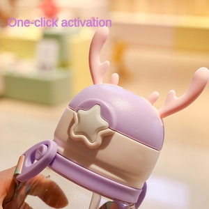 Borraccia per bambini con cannuccia e simpatico coperchio a forma di corna di cervo, bottiglia d'<span class=keywords><strong>acqua</strong></span> in plastica trasparente rosa con tracolla per la scuola - Product Image 4