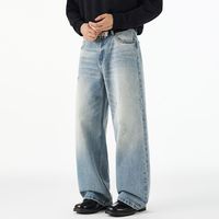Pantalon décontracté pour homme en coton, coupe droite ample, style rétro américain, délavé, écologique, pour l'automne/hiver, jambe large, style urbain