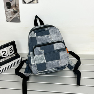 Style coréen unisexe couleur contrastante Plaid loisirs étudiant sac à dos Patchwork Vintage Denim voyage <span class=keywords><strong>cartable</strong></span> - Product Image 4