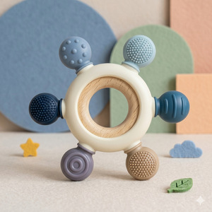Foodgrade Silicone Baby Teether, Wooden Ring Teething Toy, Soothing Handgrasp Ball, Educational Early Learning - Product Image 4