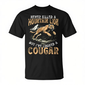 T-shirt humoristique pour hommes adultes, col rond noir, design graphique Choked A Cougar - Product Image 2