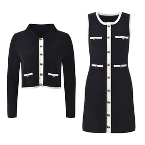 Bộ áo cardigan len phối màu đen trắng phối viền, kiểu dáng sang trọng nhẹ nhàng phong cách Pháp mùa thu 2025 + Váy liền thân - Product Image 2