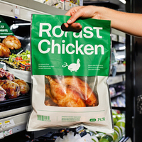 Sachet rétractable en PE imprimé sur mesure avec poignée découpée, fenêtre transparente, film résistant à la chaleur, recyclable, pour poulet rôti et aliments cuisinés