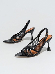 Sandalias de Tacón de Aguja con Punta Puntiaguda para Mujer, Parte Superior de Malla, Tacón Lacado, Diseño Moderno y Elegante en Negro - Product Image 5